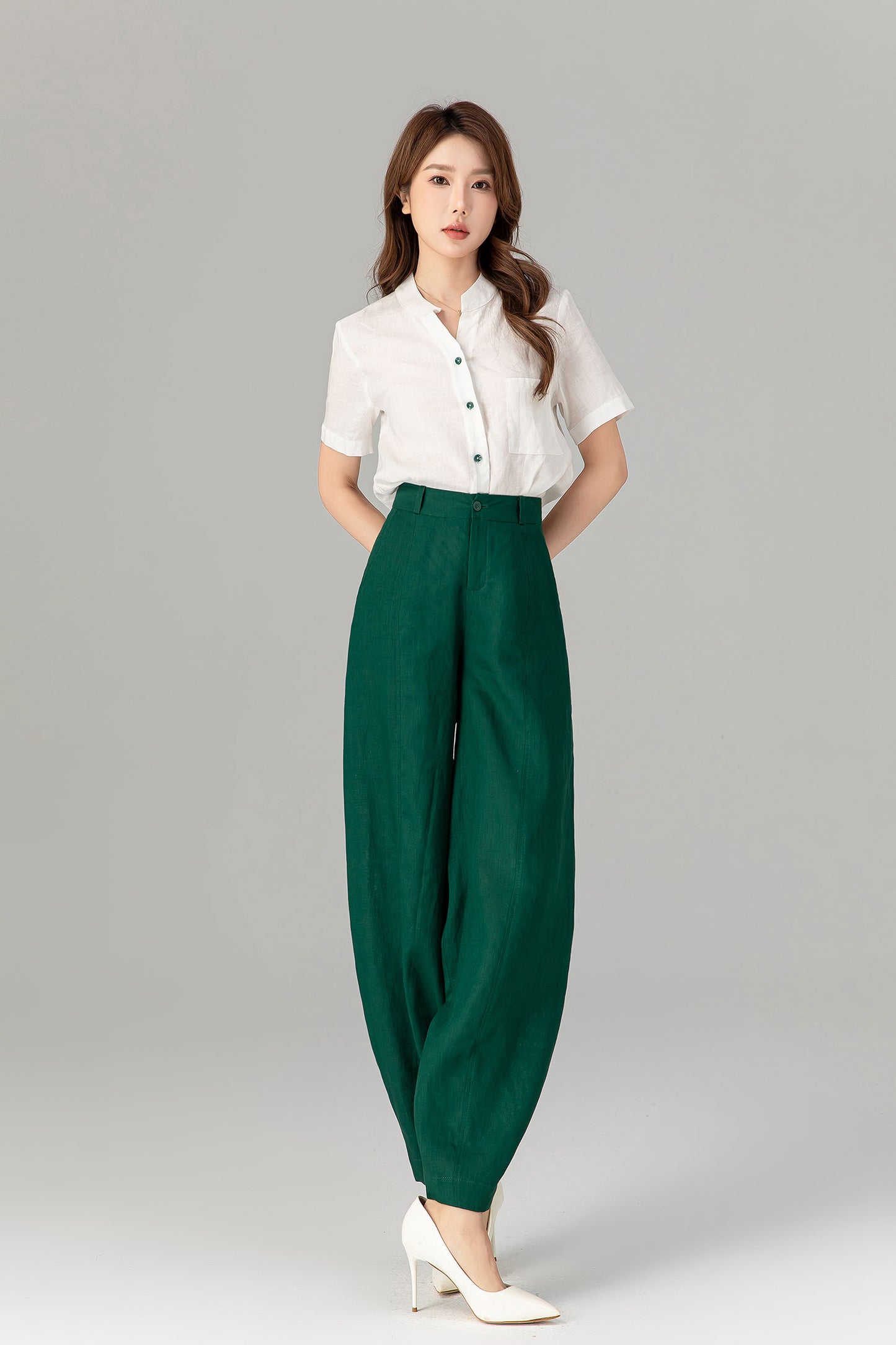 Green loose fitting long linen pants for spring 4919