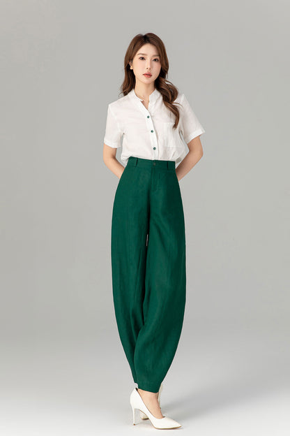 Green loose fitting long linen pants for spring Handmade by xiaolizi family studio 4919