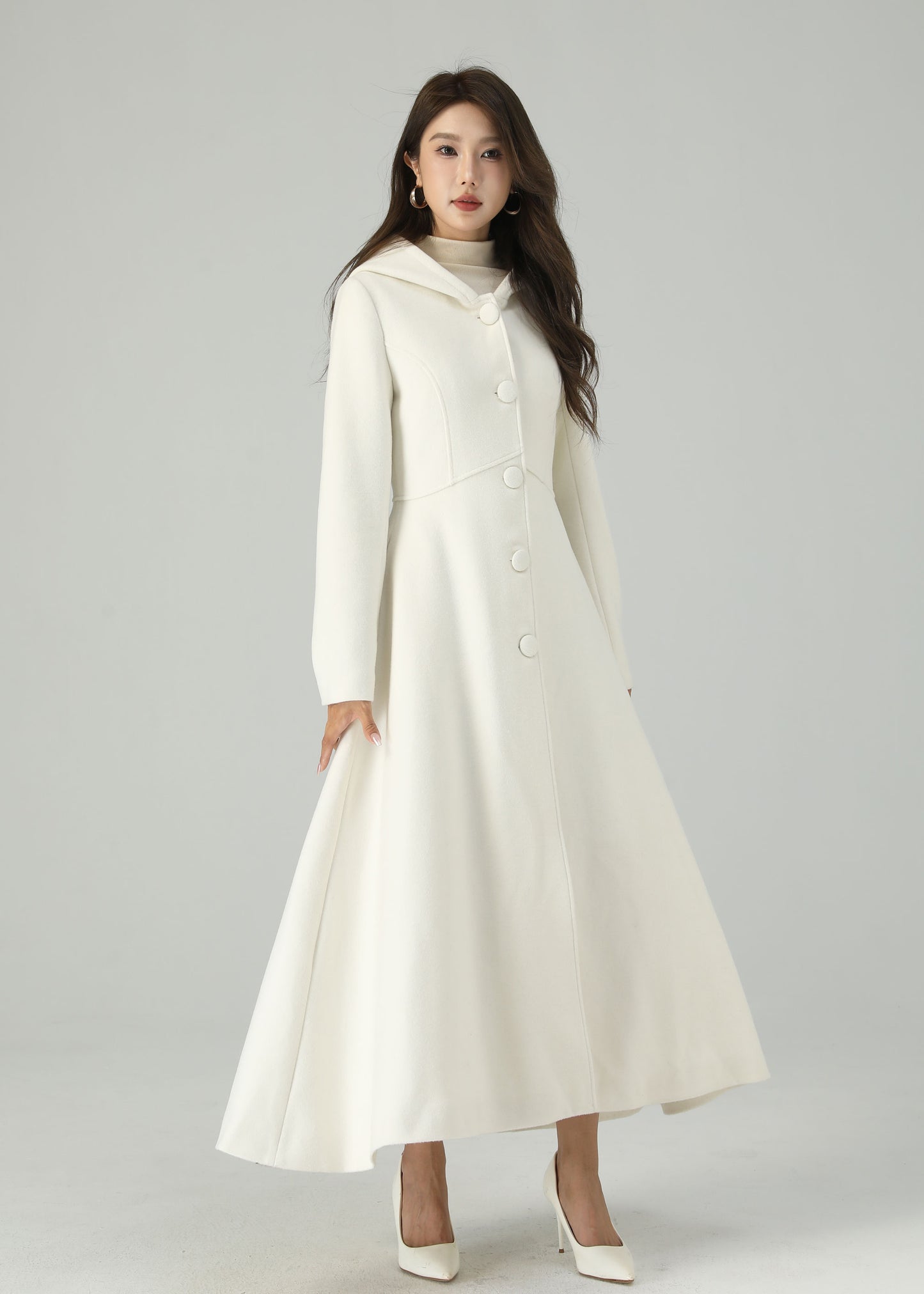 White Wool Hooded Coat – Elegant A-Line Winter Overcoat for Women 4519