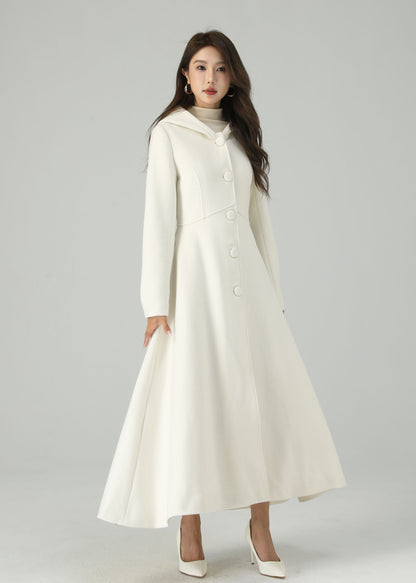 White Wool Hooded Coat – Elegant A-Line Winter Overcoat for Women 4519