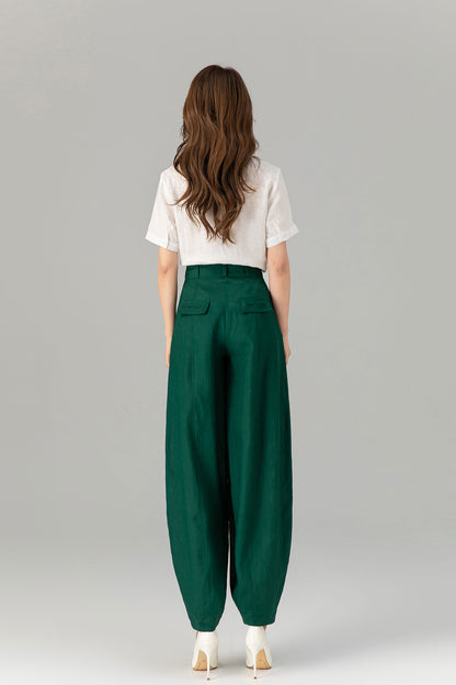 Green loose fitting long linen pants for spring Handmade by xiaolizi family studio 4919