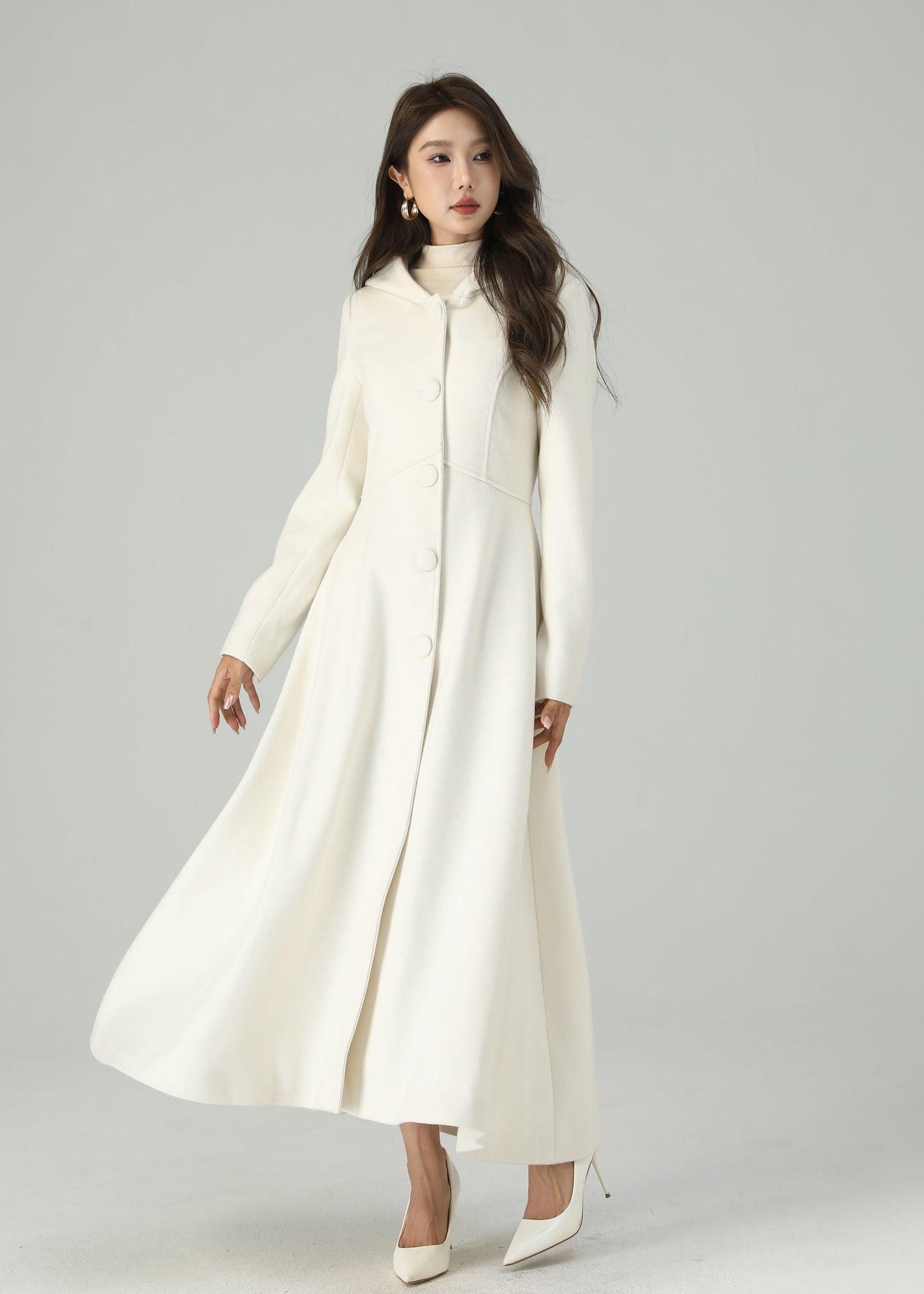 White Wool Hooded Coat – Elegant A-Line Winter Overcoat for Women 4519