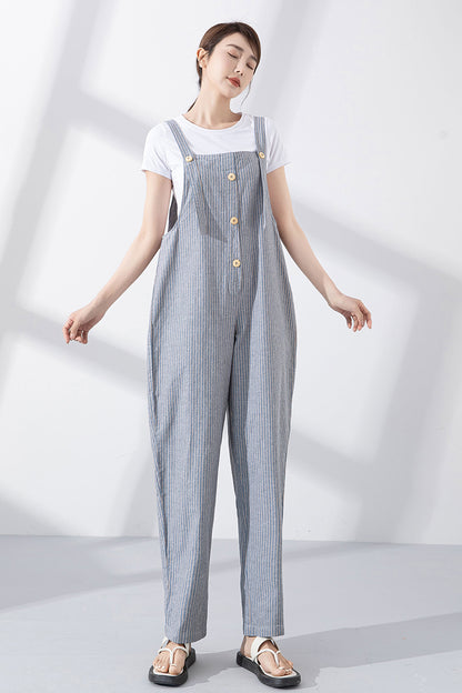 Blue Cotton-Linen Jumpsuit - Loose Fit with Adjustable Straps 4218