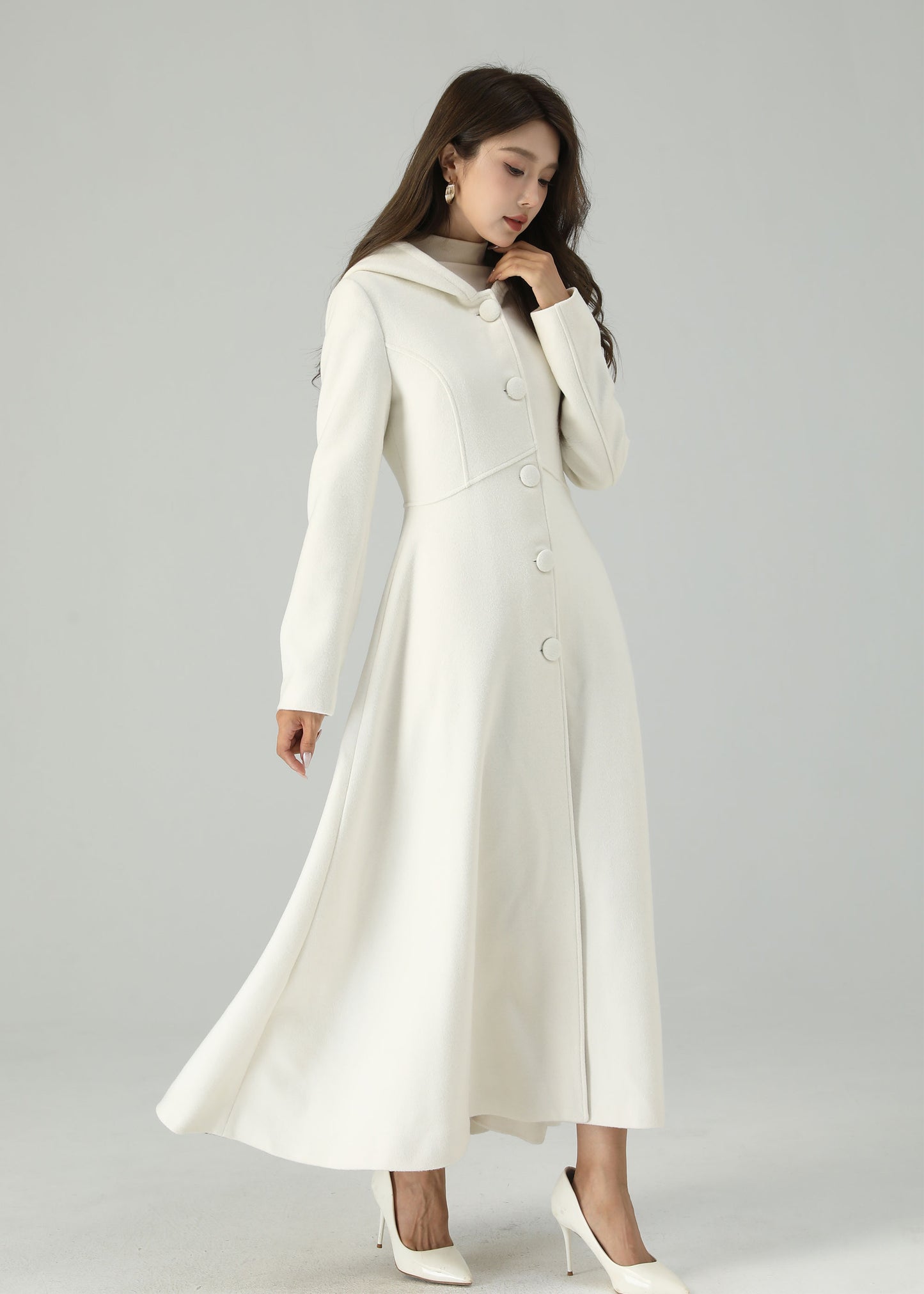 White Wool Hooded Coat – Elegant A-Line Winter Overcoat for Women 4519