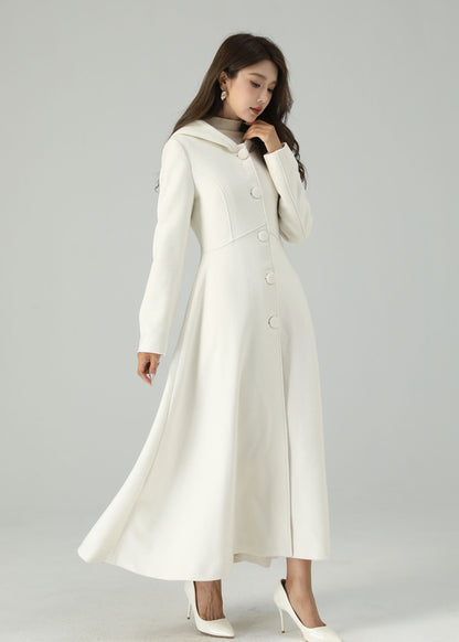 White Wool Hooded Coat – Elegant A-Line Winter Overcoat for Women 4519