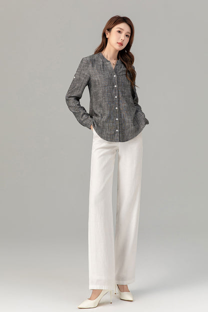 Long sleeves button down linen shirt top 4915