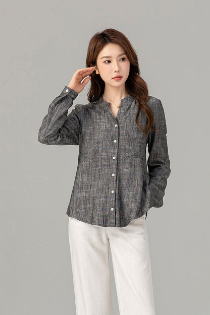 Long sleeves button down linen shirt top 4915