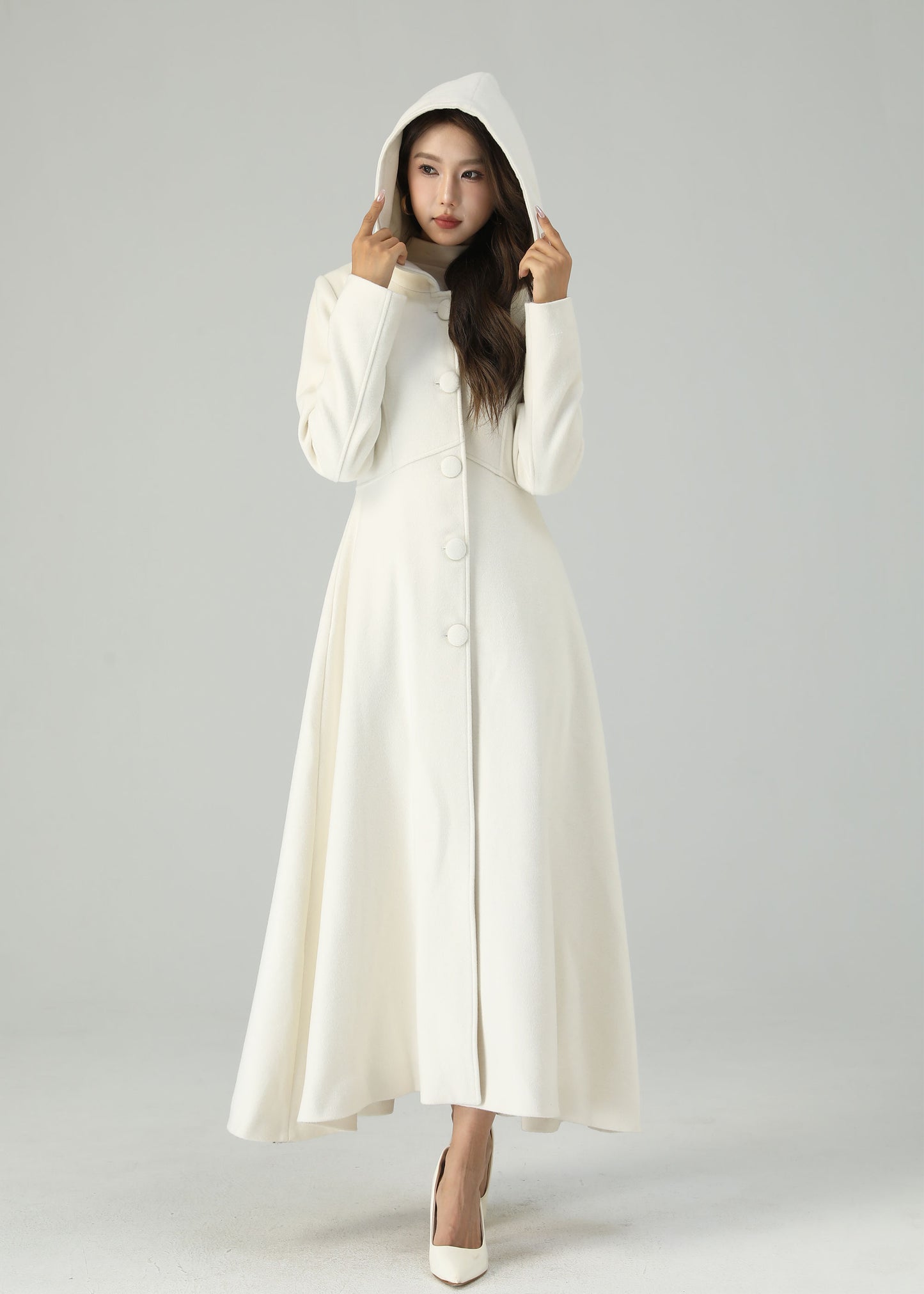 White Wool Hooded Coat – Elegant A-Line Winter Overcoat for Women 4519