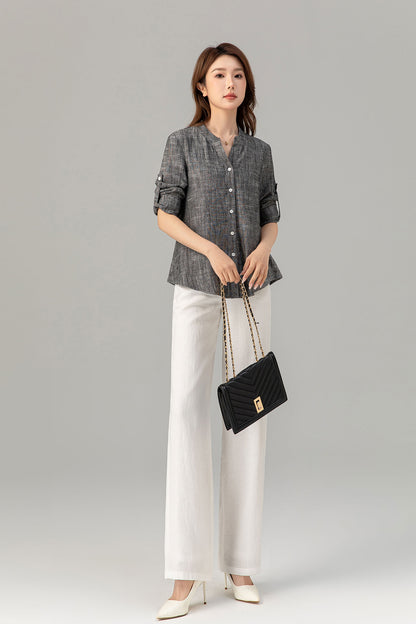 Long sleeves button down linen shirt top 4915