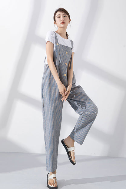 Blue Cotton-Linen Jumpsuit - Loose Fit with Adjustable Straps 4218
