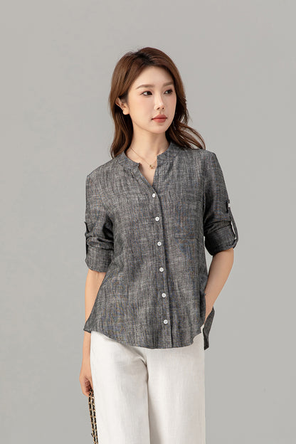 Long sleeves button down linen shirt top 4915