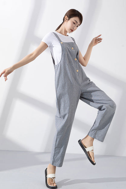 Blue Cotton-Linen Jumpsuit - Loose Fit with Adjustable Straps 4218