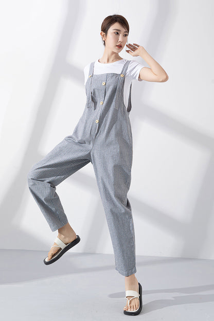 Blue Cotton-Linen Jumpsuit - Loose Fit with Adjustable Straps 4218