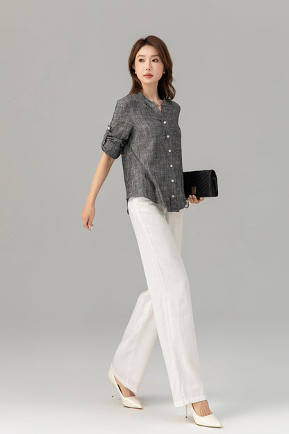 Long sleeves button down linen shirt top 4915