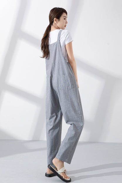 Blue Cotton-Linen Jumpsuit - Loose Fit with Adjustable Straps 4218