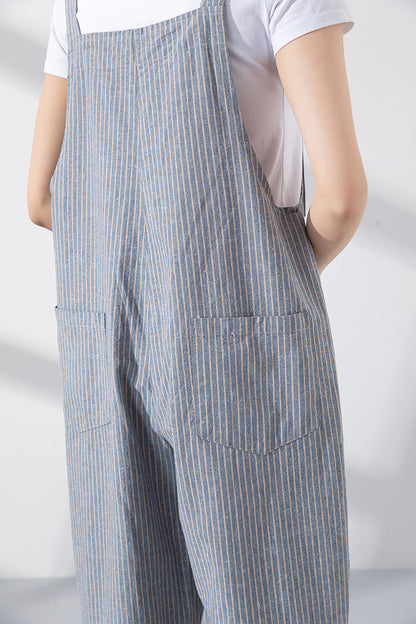 Blue Cotton-Linen Jumpsuit - Loose Fit with Adjustable Straps 4218