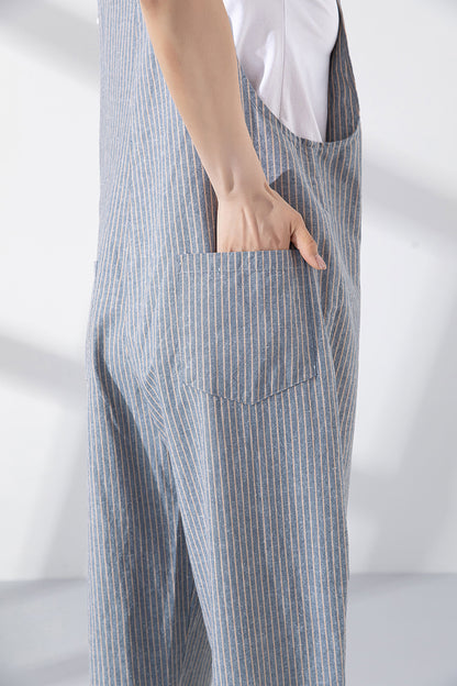 Blue Cotton-Linen Jumpsuit - Loose Fit with Adjustable Straps 4218