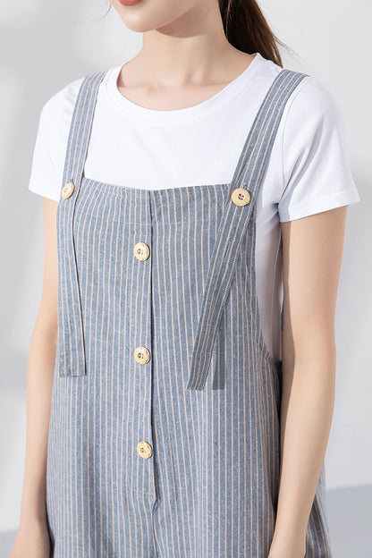 Blue Cotton-Linen Jumpsuit - Loose Fit with Adjustable Straps 4218