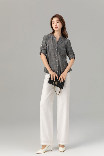 Long sleeves button down linen shirt top 4915