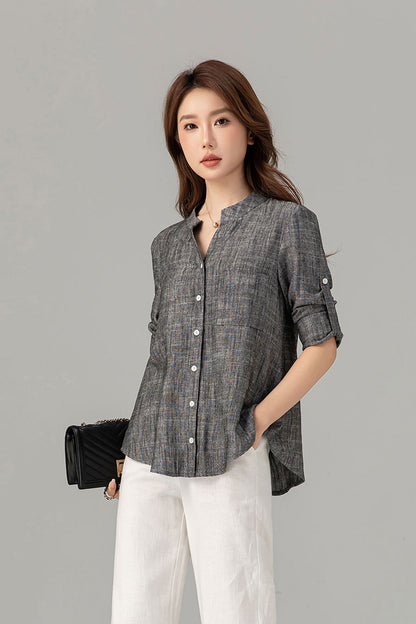 Long sleeves button down linen shirt top 4915