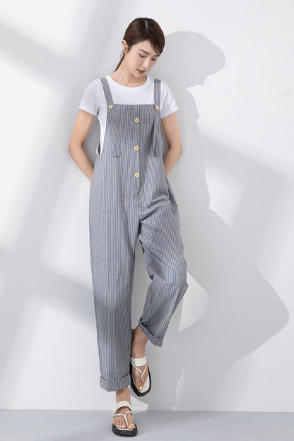 Blue Cotton-Linen Jumpsuit - Loose Fit with Adjustable Straps 4218