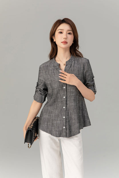 Long sleeves button down linen shirt top 4915