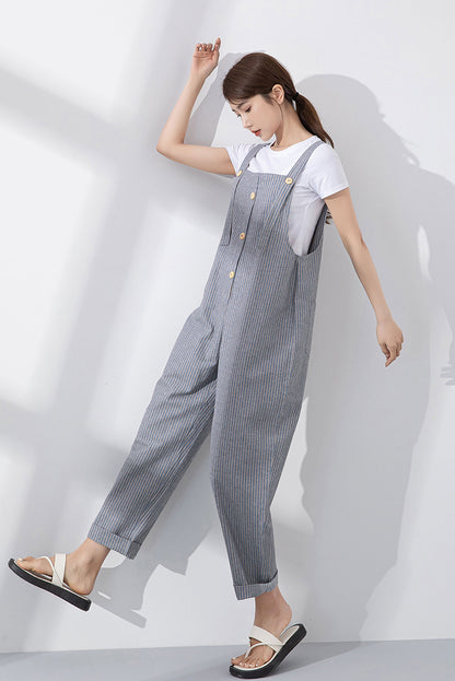 Blue Cotton-Linen Jumpsuit - Loose Fit with Adjustable Straps 4218