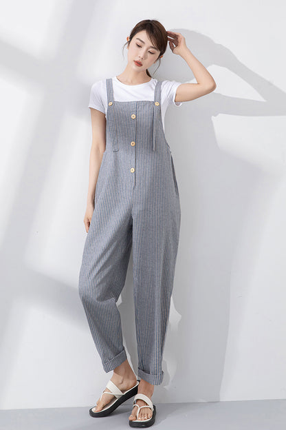Blue Cotton-Linen Jumpsuit - Loose Fit with Adjustable Straps 4218