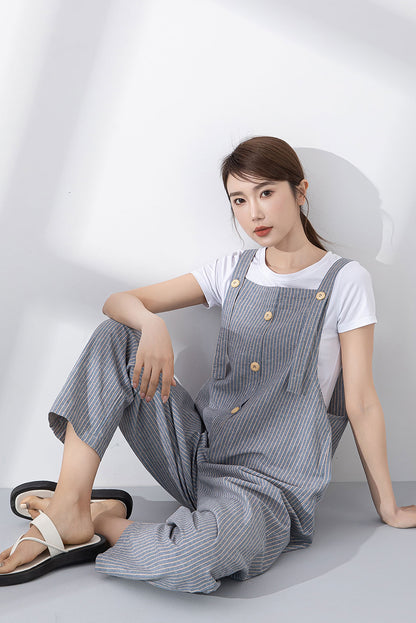 Blue Cotton-Linen Jumpsuit - Loose Fit with Adjustable Straps 4218