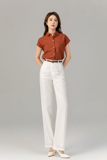 Rust Linen Shirt Top - Short Sleeve, Loose Fit 4916