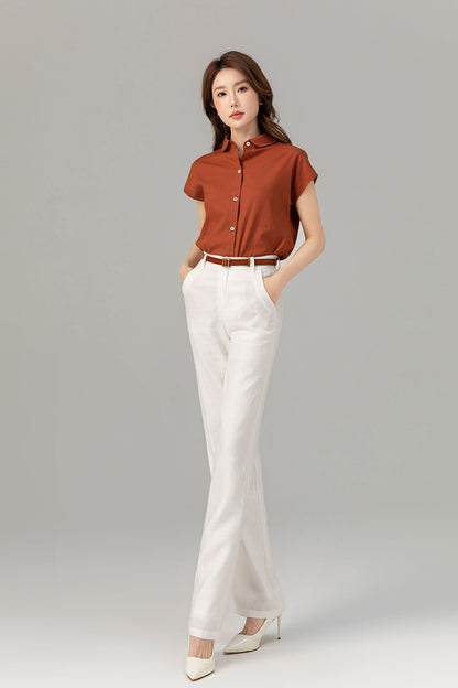 Rust Linen Shirt Top - Short Sleeve, Loose Fit 4916
