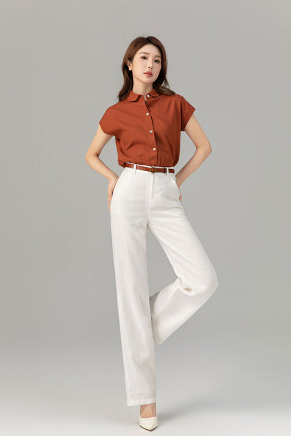 Rust Linen Shirt Top - Short Sleeve, Loose Fit 4916