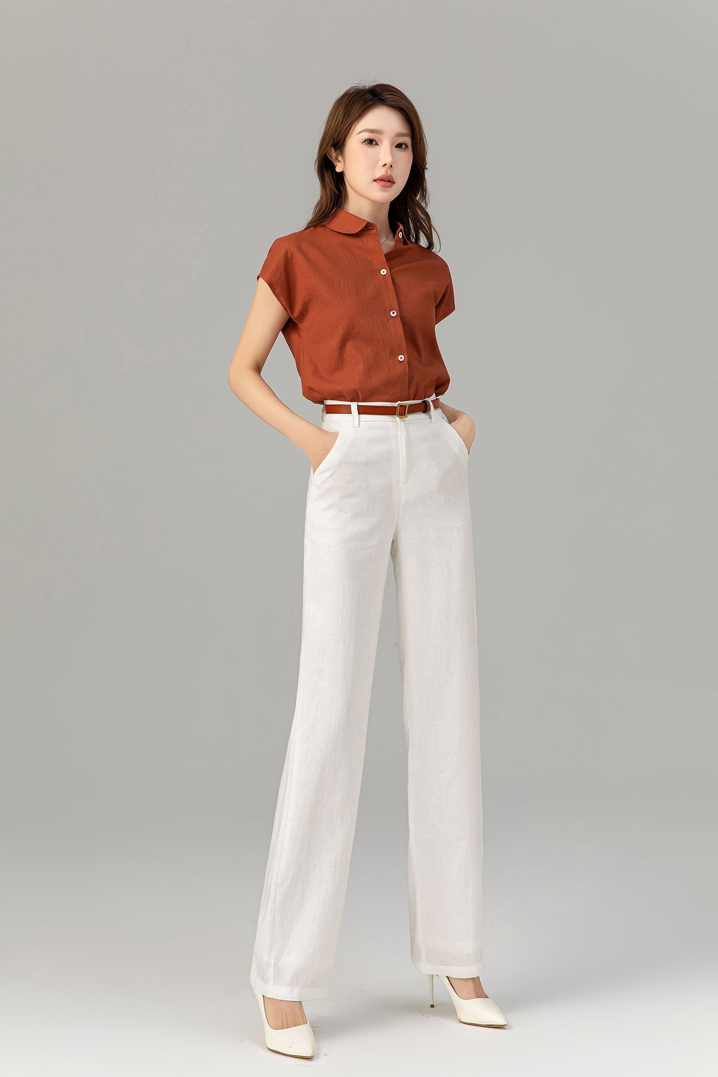 Short sleeves summer linen shirt top women 4916