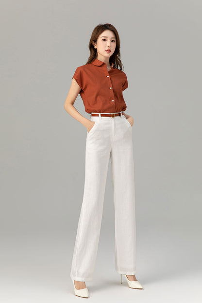 Rust Linen Shirt Top - Short Sleeve, Loose Fit 4916