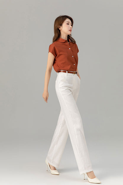 Rust Linen Shirt Top - Short Sleeve, Loose Fit 4916