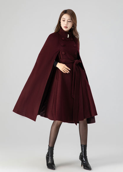 Burgundy Wool Cape Coat – Women’s Double Breasted Belted Winter Cloak 4518