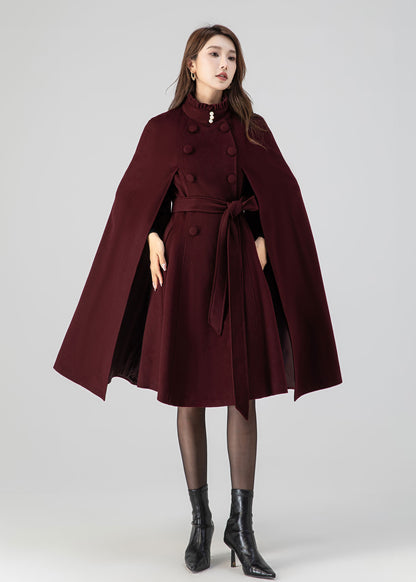 Burgundy Wool Cape Coat – Women’s Double Breasted Belted Winter Cloak 4518