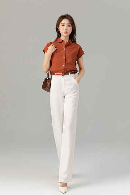 Rust Linen Shirt Top - Short Sleeve, Loose Fit 4916