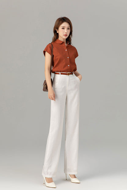 Rust Linen Shirt Top - Short Sleeve, Loose Fit 4916