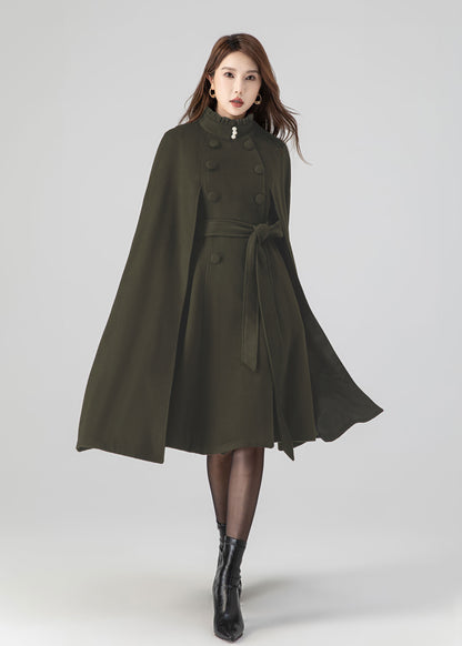 Army Green Wool Cape Coat – Women’s Vintage Stand Collar Cloak with Belt 5552