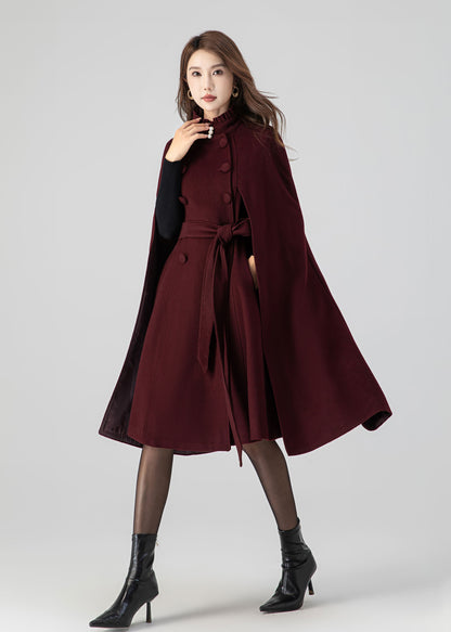 Burgundy Wool Cape Coat – Women’s Double Breasted Belted Winter Cloak 4518