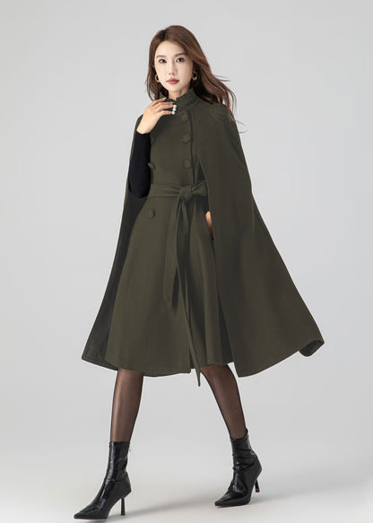 Army Green Wool Cape Coat – Women’s Vintage Stand Collar Cloak with Belt 5552