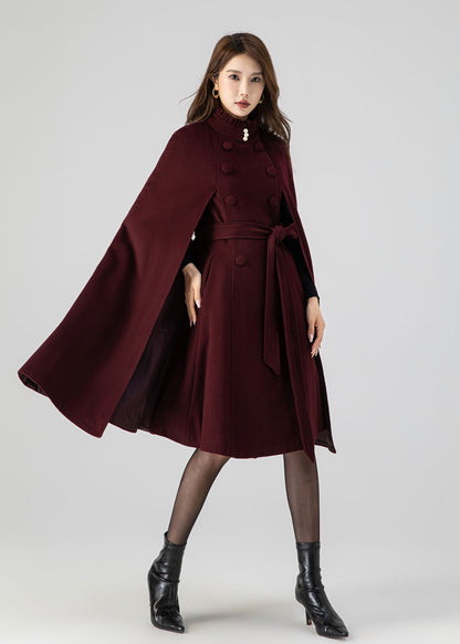 Burgundy Wool Cape Coat – Women’s Double Breasted Belted Winter Cloak 4518
