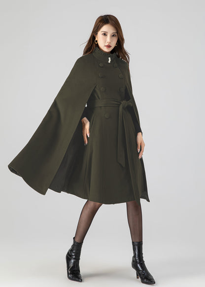 Army Green Wool Cape Coat – Women’s Vintage Stand Collar Cloak with Belt 5552