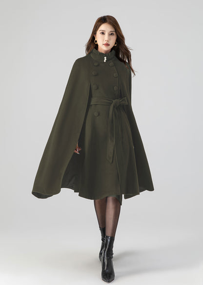 Army Green Wool Cape Coat – Women’s Vintage Stand Collar Cloak with Belt 5552