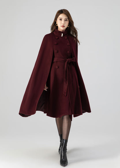 Burgundy Wool Cape Coat – Women’s Double Breasted Belted Winter Cloak 4518