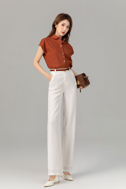 Rust Linen Shirt Top - Short Sleeve, Loose Fit 4916