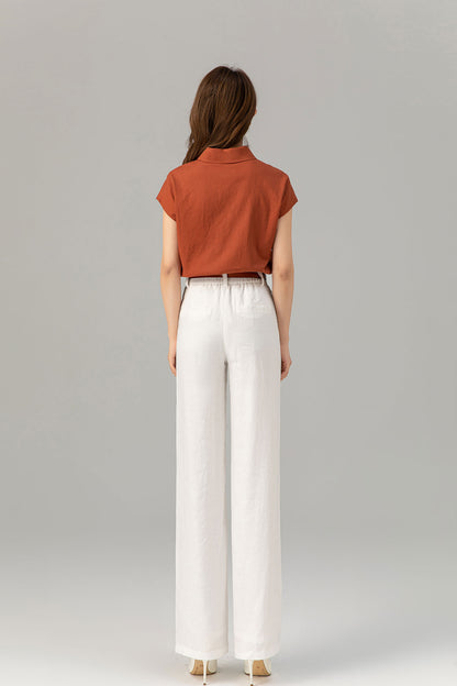 Rust Linen Shirt Top - Short Sleeve, Loose Fit 4916