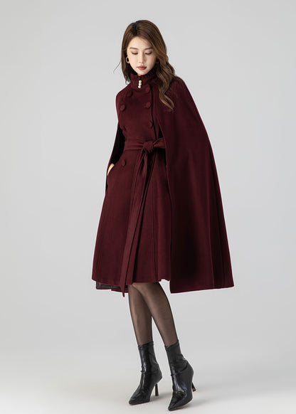 Burgundy Wool Cape Coat – Women’s Double Breasted Belted Winter Cloak 4518