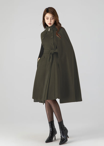 Army Green Wool Cape Coat – Women’s Vintage Stand Collar Cloak with Belt 5552